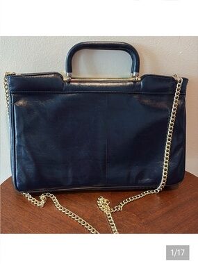 Vintage leather satchel  Crossbody bag  Navy blue  gold tone accents added chain